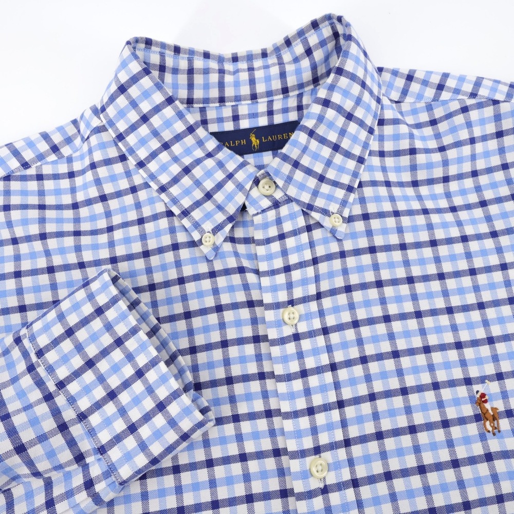 Ralph‎ Lauren Gingham Check Button Down Shirt Blue Long Sleeve Mens S Flesh Pony